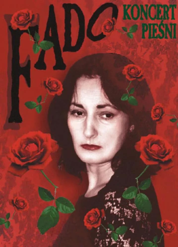 Plakat do koncertu Fado. Twarz Marzeny Nieczuja Urbańskiej wśród czerwonych róż.